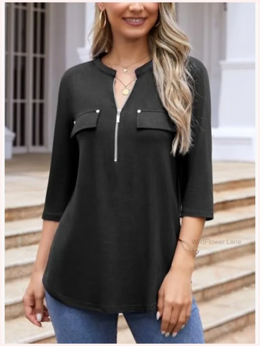 3/4 Sleeve Tunic with Leggings V-Neck Zipper Casual Blouse - Picture 2 of 7